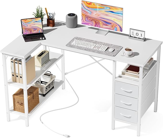 DUMOS L Shaped Desk with Shelf Drawers 47 Inch White Corner Computer Desks Gaming with Power Outlet Study Table with Adjustable Shelves Home Office Tables for Bedroom Teacher Reading Writing