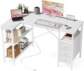 DUMOS L Shaped Desk with Shelf Drawers 47 Inch White Corner Computer Desks Gaming with Power Outlet Study Table with Adjustable Shelves Home Office Tables for Bedroom Teacher Reading Writing