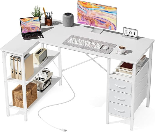 Simple Deluxe L Shaped Gaming Desk with Power Outlets 47 Inch Computer Desk with 3 Drawers Shelves Corner Computer Desk for Gaming Corner Work Home Office Study White