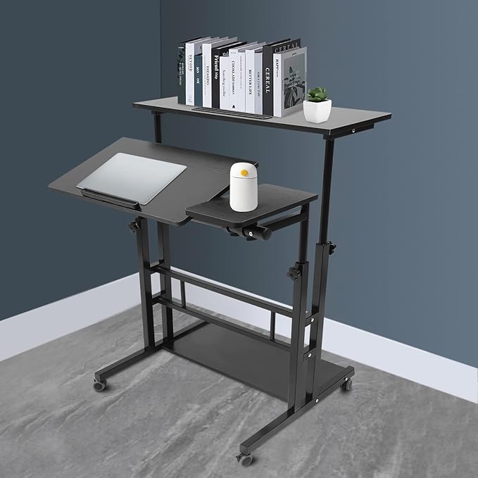 Mobile Stand Up Desk Adjustable Laptop Desk with Wheels Storage Rolling Table Cart for Standing or Sitting for Home Office Workstation Black 31.5 * 11.81