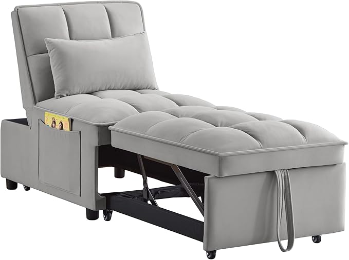 Multi-Function Convertible Single Sleeper Sofa Bed with Storage PocketsVelvet Tufted Pull-Out Couch Bed 4in1 W/Adjustable Backrest &amp PillowsChaise Lounge for Living RoomSmall SpaceGray