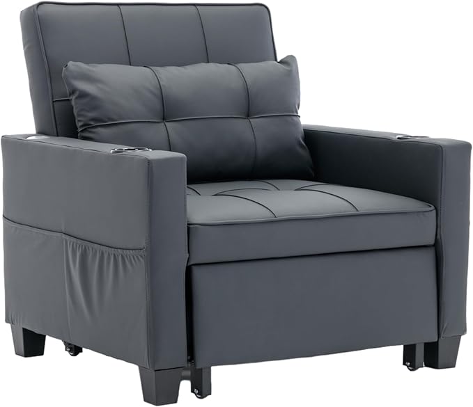 Futon Chair Bed Convertible Sleeper Chair3-in-1 Lazy Chair with USB PortsPull Out Chair Sleeper for Living Room Office Apartment (Leather Black)
