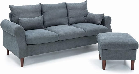 Panana 3 Seater Sofa with Footstool Set Rolled Arm Classic Couch Solid Wood Legs Settee for Small Living Room Office Lounge (Gray 3 Seater with Ottoman)