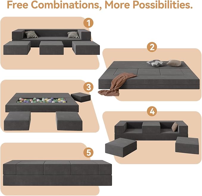 Floor Sofa Bed Queen Velvet Folding Sofa Couch with 3 Ottomans Sleeper Foam Couch with Removable Cover Futon Convertible Sofa Bed for Living Room/Guest/Play Room/Office/Dorm(Dark Grey)
