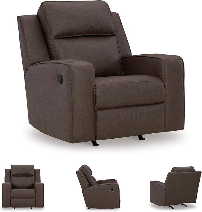 Signature Design by Ashley Lavenhorne Contemporary Faux Leather Upholstered Manual Rocker Recliner with 2 Cup Holders Dark Brown