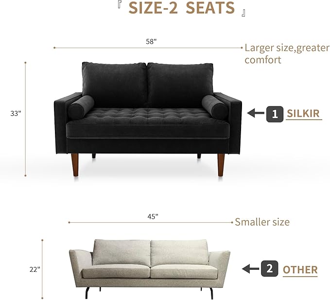 SILKIR Velvet Loveseat Sofa Love Seats Furniture for Small Spaces Mid-Century Modern Loveseats for Living Room Love Seat Couch 58 Inches Black