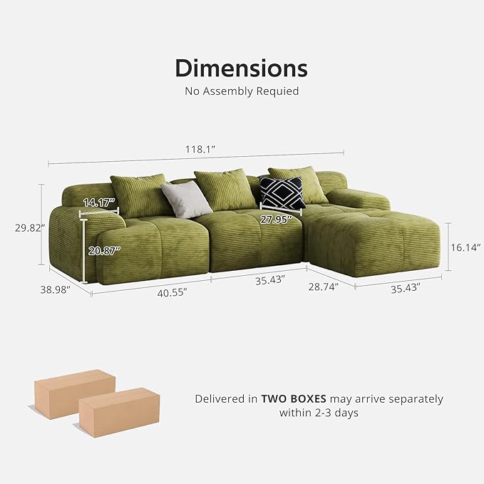 Modern L-Shaped Modular Sectional Sofa for Living RoomOversized 3-Seater Couch with Deep Seat and Movable Ottoman – No AssemblyComfortable Corduroy Fabric Boneless Sofa (Green)