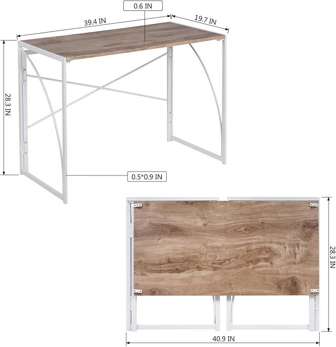 Homy Casa 39.4 Inch Foldable Laptop Desk Space-Saving Computer Table with No Assembly Required Sturdy Metal Frame Minimalist Design for Home Office Study or Small Spaces Oak &amp White