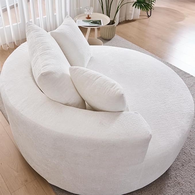 54.3″ Round Swivel Couch Plush Chenille Deep Seat Cozy Reading Chair XL Modern Oversized Swivel Accent Barrel Chair for Living Room Bedroom Lounging (Beige)