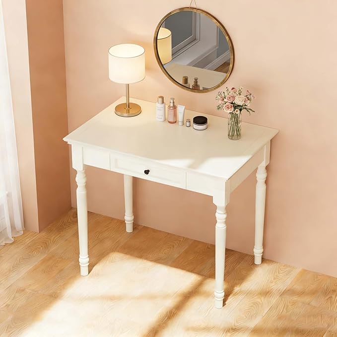 35” White Solid Wood Writing Desk with Drawers Farmhouse Computer Desk with File Storage Ideal for Home Office Bedroom or Study Room
