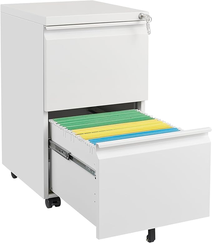 MERITLINE 2 Drawer File Cabinet Small Rolling Filing Cabinet for Home Office 2-Drawer File Cabinet with Wheels for A4 Letter-Size Documents 15.35 x 17.71 x 26.57 Inches Matte White