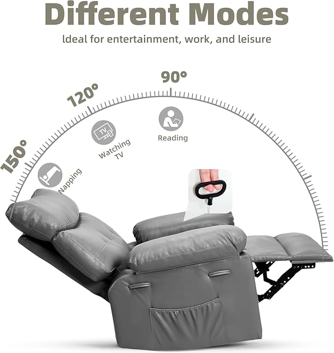 Oversized Wide Rocker Swivel Recliner Chair PU Leather Manual Recliner for Adults Large Nursery Glider Chair with Comfortable Arms &amp Back for Living Room BedroomGray