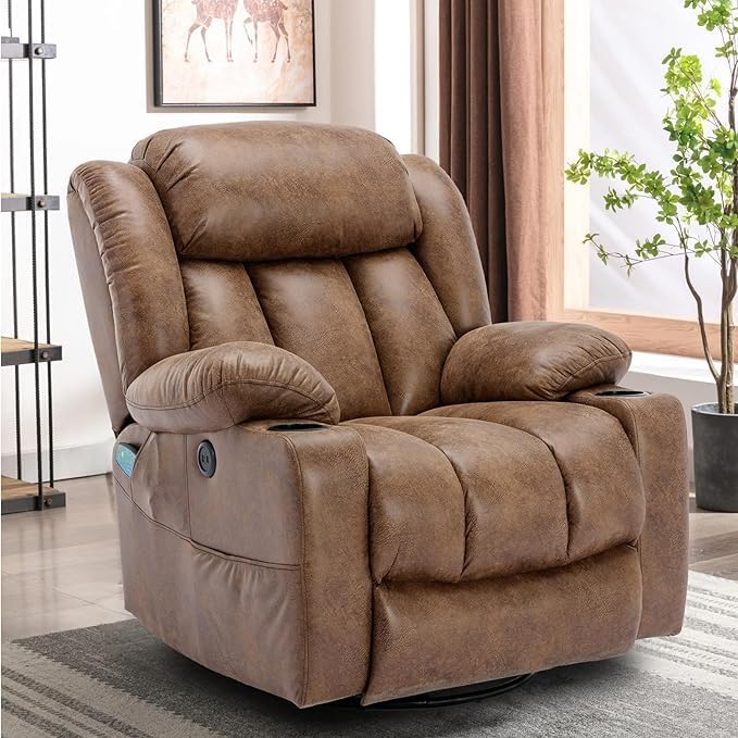 360° Swivel Glider Rocking Recliner Chair Overstuffed Manual Massage Recliner with Heat and Vibration Single Modern Sofa Home Theater Seating for Living Room USB Port/Cup Holders (Brown)