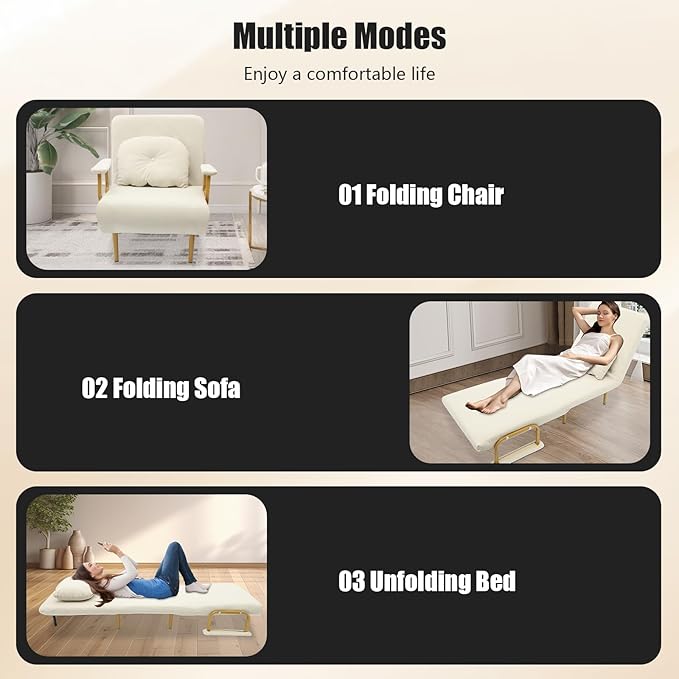 Convertible Sleeper Sofa Bed 3 in 1 Multi-Functional Sofa Chair Bed with 5 Position Adjustable Backrest Folding Sofa Bed Floor Single Chairs Fold Out Chair Beds for Living Room (Off-White)