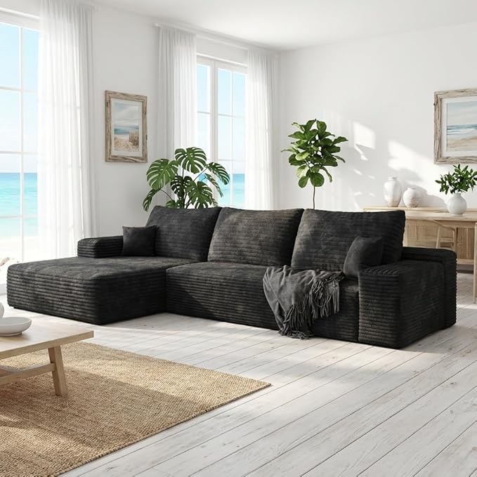 Eafurn Oversized L-Shaped Modular Sectional Sofa with Chaise Fluffy Corduroy Upholstered Boneless Couch with Deep Seat Minimalist Flexible Combination for Living Room | Breathable material Full Foa