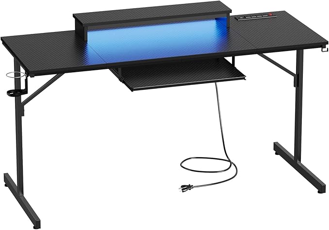 Bestier 63 Inch Gaming Desk with Power Outlets &amp LED Lights Large Computer Desk with Monitor Stand &amp Keyboard Tray Home Office Table with Cup Holder &amp Headset Hook Carbon Fiber Black