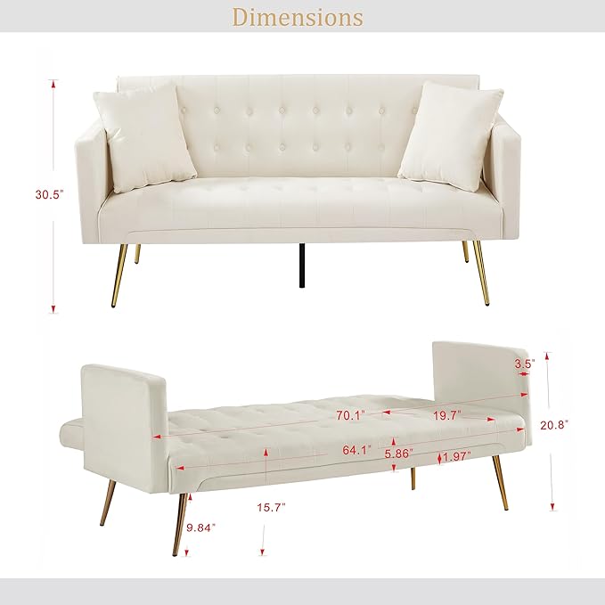 Anwick Modern Velvet Futon Sofa Bed: 72 Satin Convertible 2 Pillows Tufted Back Golden Metal Legs Folding Sleeper Loveseat for Small Space Home Office Living Room (Beige)