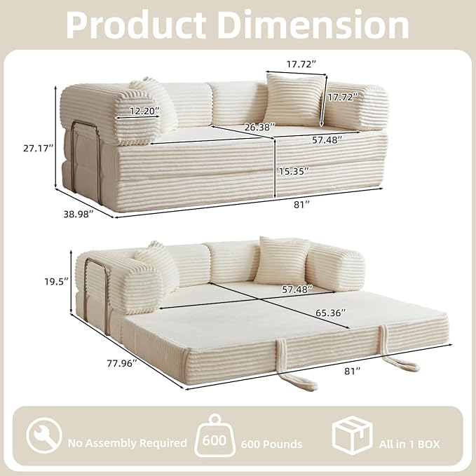 81 Inch Convertible Folding Sofa BedFold Out Floor Sofa Couch with Fixed-Shape FrameCorduroy Foldable Mattress Cloud Couch for Living Room Bedroom (Off White)