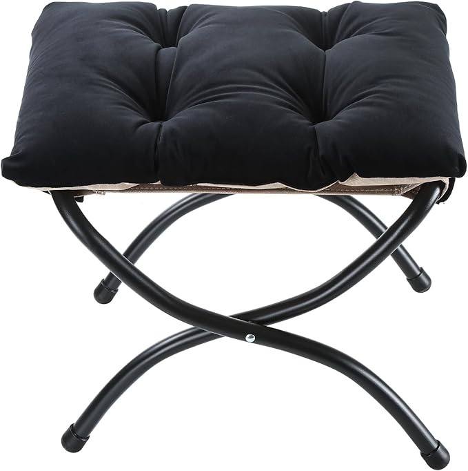 15 Foldable Foot Stool Ottoman with Metal Frame - Washable Black Upholstered Indoor/Outdoor Footrest for Living Room Bedroom Patio - Space-Saving Compact Design