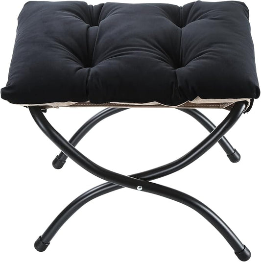 15 Foldable Foot Stool Ottoman with Metal Frame - Washable Black Upholstered Indoor/Outdoor Footrest for Living Room Bedroom Patio - Space-Saving Compact Design
