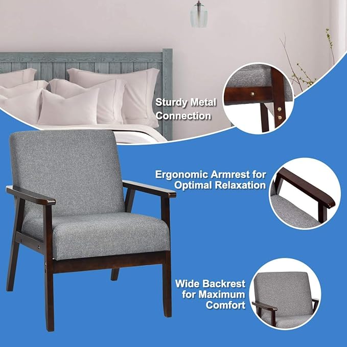 SIMOE Retro Fabric Accent Chair Mid-Century Modern Design Solid Hardwood Made Upholstered Linen Lounge Arm Chair for Living Room 1 Dark Grey