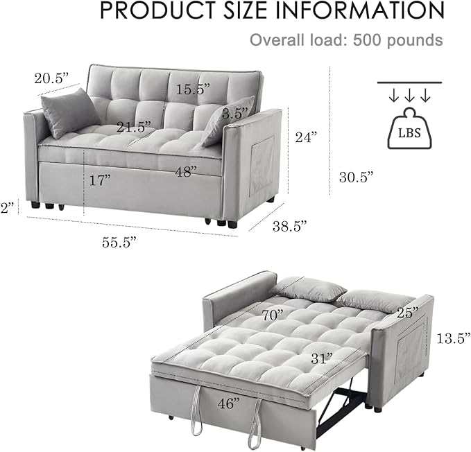 3-in-1 Loveseat Sleeper Sofa Modern 55.5 Pull Out Couch Velvet Upholstered Futon Sofa Bed with Adjustable Backrest Convertible Sofa Bed with Storage Pockets for Living Room(Light Grey)