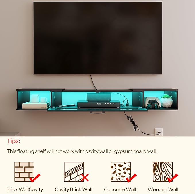 HOOBRO Floating TV Stand with LED Light Power Outlet for TVs up to 75” Wall Mounted TV Shelf Modern Media Console Entertainment Center Under TV for Living Room Bedroom Black BK36UDDS01G1
