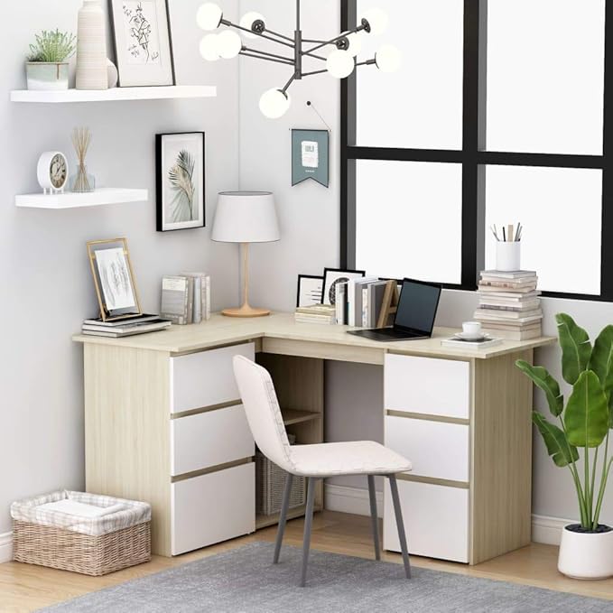 L Shaped Corner Desk Modern Writing Computer Desk Home Office Desk Writing Study Table PC Desk Workstation for Bedroom White and Sonoma Oak 57.1x39.4x29.9 Engineered Wood(F)