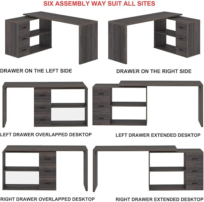HSH L Shaped Computer Desk with Drawers L Shaped Desk with Storage Cabinet Shelves Large Reversible Corner Executive Home Office Desk Industrial Wood Work Writing Study Table WorkstationGray 60 In