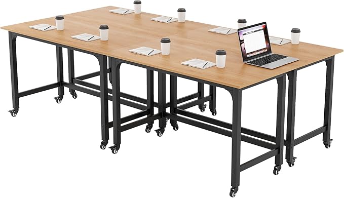 Tangkula Conference Room Table Set of 4 Mobile Computer Desk with Removable Storage Bag &amp 2 Hanging Hooks Rolling Meeting Table with Heavy-Duty Metal Frame Conference Desk (Natural)
