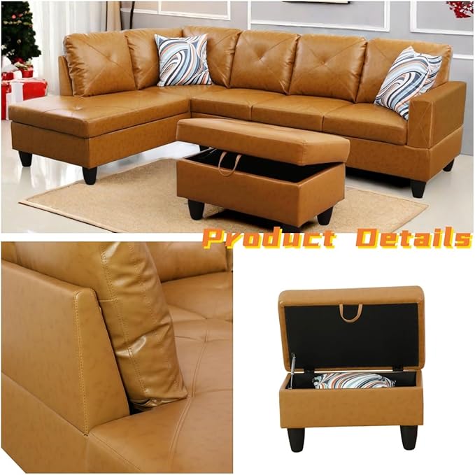 FONTOI L Shaped Sectional Couch with Otttoman 97 Leather Sectional Sofa for Living Room Modular Couches with Cup Holders for Bedroom Apartments Ginger
