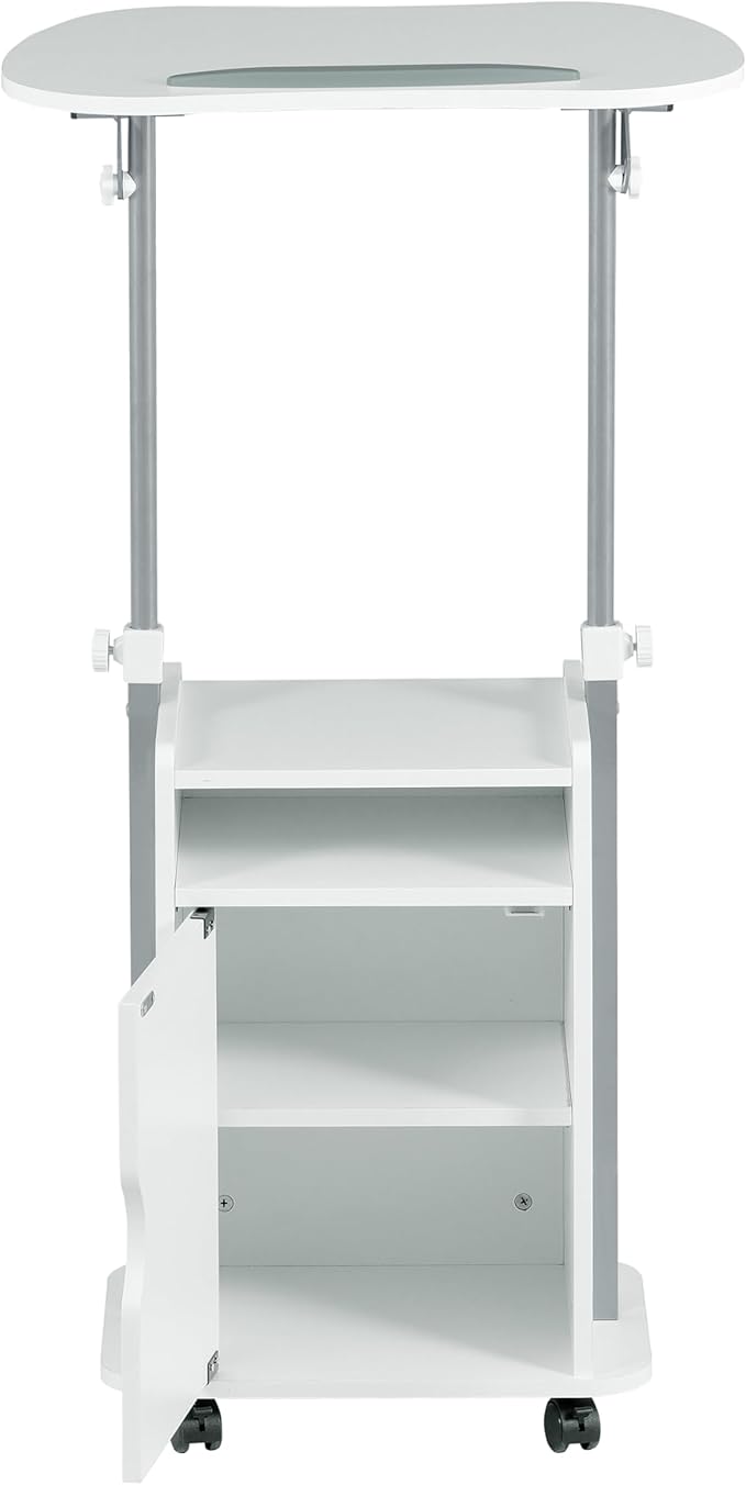 Techni Mobili Adjustable Laptop Cart with Storage Rolling Mobile Workstation Desk with Cabinet Shelf &amp Locking Wheels. Height Adjustable Sit to Stand for Home Office Bedside or Classroom (Whit