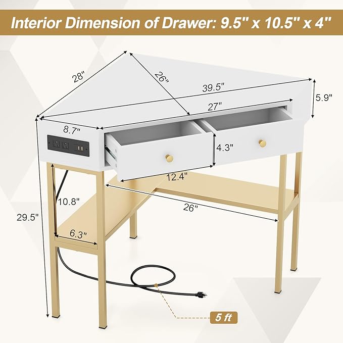 Giantex Corner Desk with Charging Station 90 Degree Triangle Computer Desk with 2 Drawers &amp Storage Shelf L-Shaped Writing Desk Makeup Vanity Table Compact Corner Desk for Small Spaces (Gold)