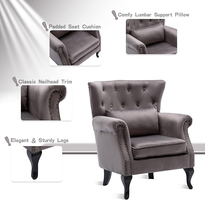 chairus Mid-Century Modern Accent Chair Comfy Tufted Single Sofa Chair Wingback Armchair with Pillow for Club Living Room Bedroom - Velvet Grey
