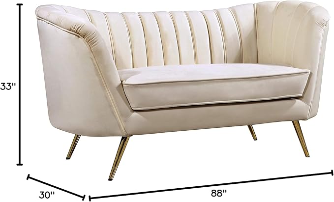 Meridian Furniture Margo Collection Modern | Contemporary Velvet Upholstered Loveseat with Deep Channel Tufting and Rich Gold Stainless Steel Legs Cream 65 W x 30 D x 33 H