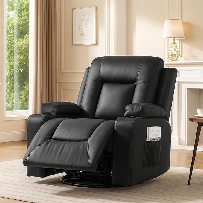 COMHOMA Recliner ChairPU Rocking Chair for AdultsSwivel Recliner with Cup HoldersSingle Sofa Seat with Side Pockets for Living RoomBedroom(Black)