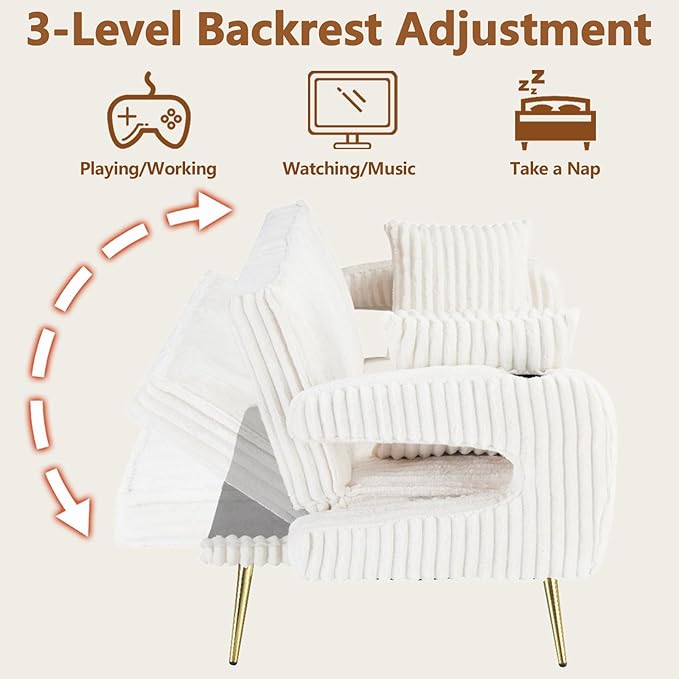 70 Beige Futon Couch Bed Sofa Comfortable Futon Loveseat with Cupholders &amp Arms Convertible Fouton Sofas with Adjustable Backrest &amp Pockets for Small Spaces Living Room Bedroom Dorm (White)