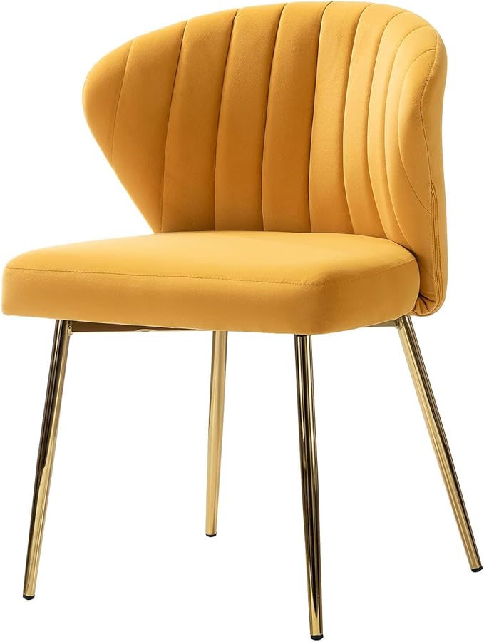 HULALA HOME Velvet Dining Chair Cute Armless Accent Chair Living Room Chair with Golden Legs Mid Century Modern Upholstered Side Chair for Kitchen Vanity Mustard