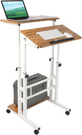 Mobile Standing Desk Adjustable Computer Desk Rolling Laptop Cart on Wheels for Home Office Tall Table for Standing or Sitting Portable Laptop Stand for Small Spaces Oak