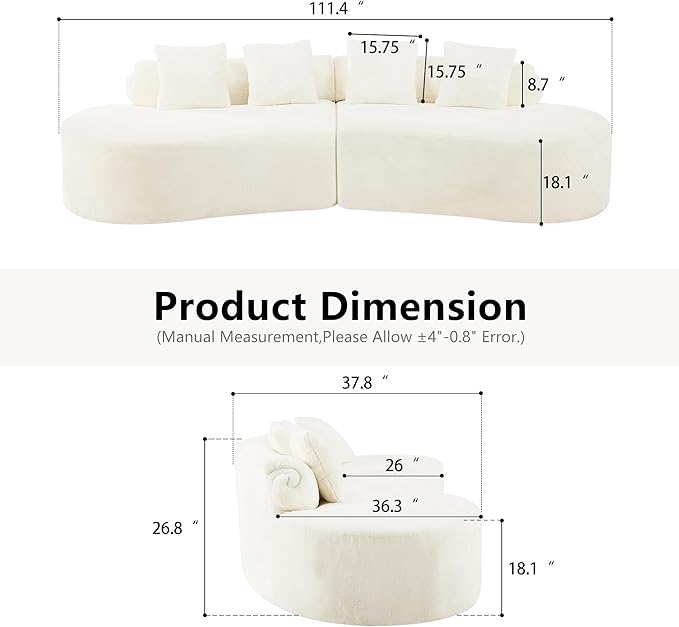 Aoowow 111.4 Modular Sectional Sofa Modern Minimalist Curved Sofa Comfy Deep Seat Curved Sofa with 4 Pillows Memory Foam Couch with Chenille Fabric 3 Seater Cloud Couch for Living Room White