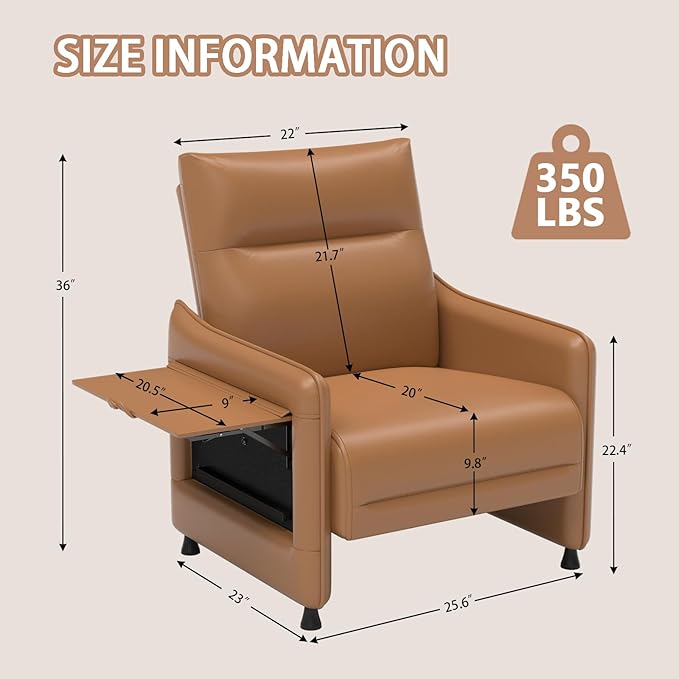 PU Leather Accent Chair Set Mid-Century Modern Living Room Armchair Sofa Descending Armrest Flip-Up Table Storage Pouch Rubber Feet for Living RoomOffice