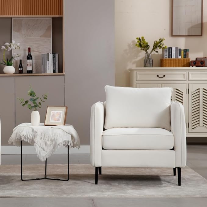 Velvet Accent Chair Mid-Century Modern Armchair with Metal Legs Single Sofa Chair for Living Room Bedroom Office Reading Includes Pillow (Ivory + Steel + Velvet + Wood + 1 Seat + Foam)