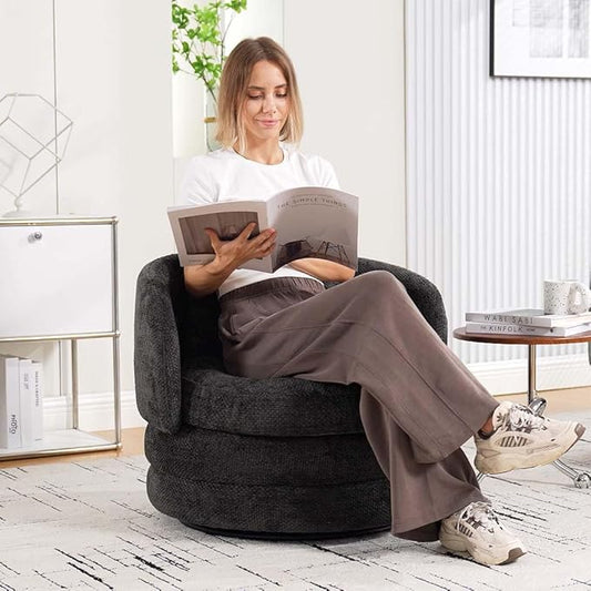 360° Small Swivel Accent Chair Round Swivel Barrel Chair with Round Backrest &amp Wide Seat Comfy Chenille Barrel Chairs for Living Room Bedroom Easy 15-Min Assembly Boucle (Dark Gray)