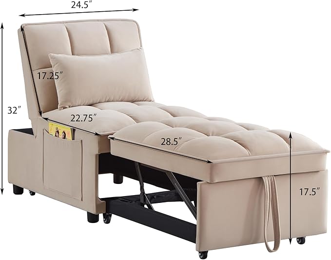 Ball &amp Cast 4 in 1 Convertible Sleeper Chair Velvet Single Sofa Bed with Side PocketsPull Out Couch with Adjustable Backrest and Pillow Multi-Function Chaise Lounge for LivingroomTaupe