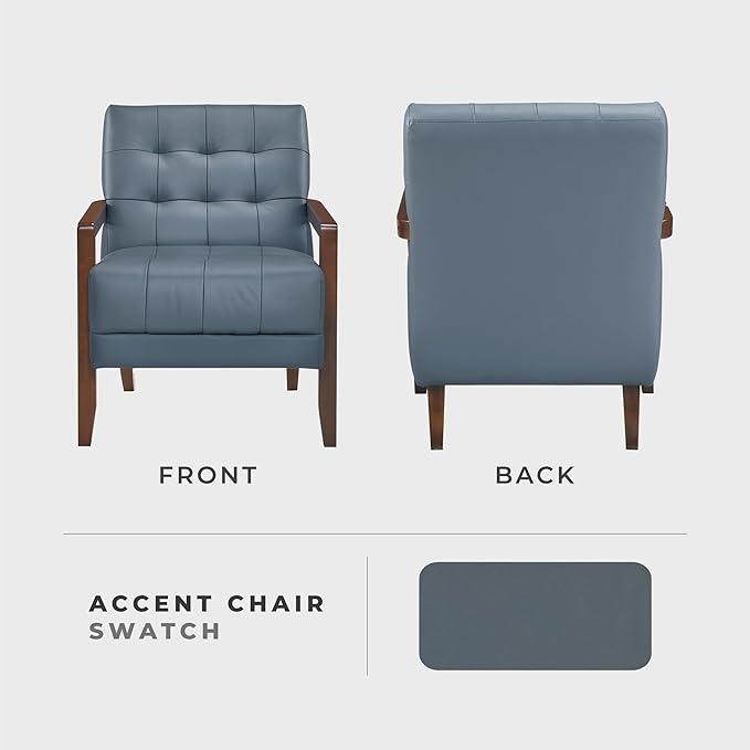 Lexicon Modern Accent Chair Luxury Genuine Leather Match Living Room Chair with Tufted Cushions Solid Wood Frame and Arm Rest Comfy Upholstered Single Seat for Bedroom/Reading/Office Blue