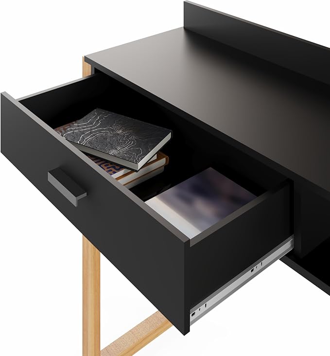 Boahaus Kettlewell Modern Black Computer Desk with USB Ports Large Drawer Open Shelf &amp Solid Wood Legs – Home Office Workstation