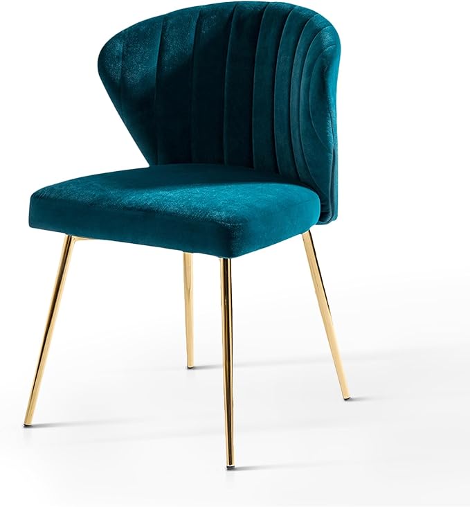 HULALA HOME Velvet Dining Chairs Modern Small Armless Accent Chair with Gold Metal Legs Living Room Upholstered Cute Side Chair Elegant Tufted Back Vanity Chair for Bedroom/Beauty Room-Teal