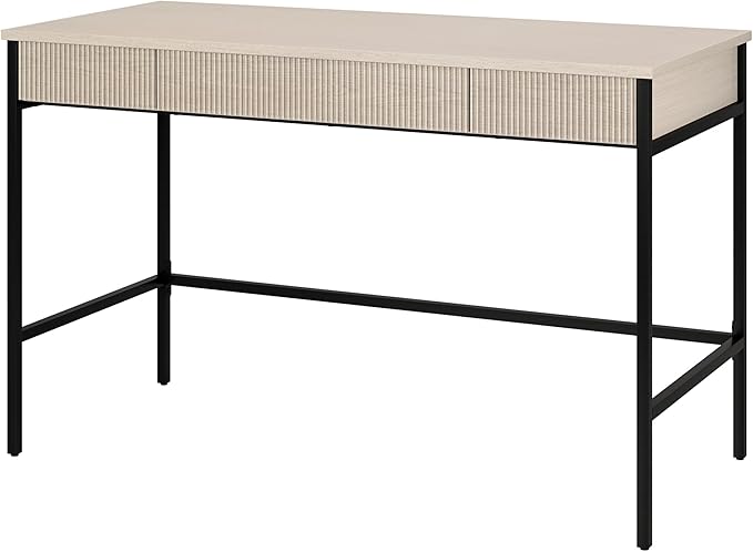 Henn&ampHart 48 Fluted Mid-Century Modern Rectangular Wooden Home Office Desk Computer Desk Writing Table with 3 Ribbed Storage Drawers for Bedroom Living Room or Home Office Beech White