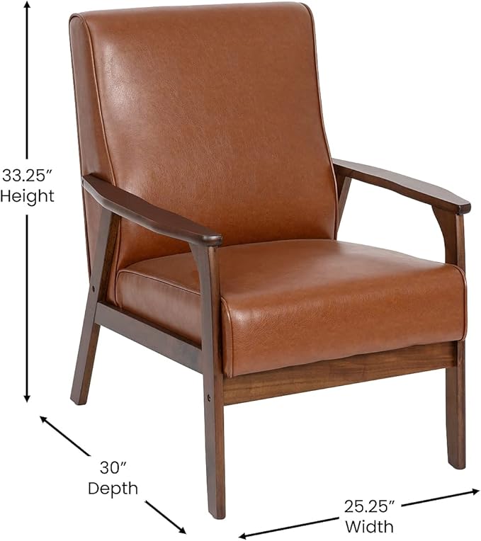 Flash Furniture Langston Commercial Mid Century Modern Chair - Cognac LeatherSoft Upholstery - Walnut Finish Wooden Frame and Arms - Extra Supportive Sinuous Springs