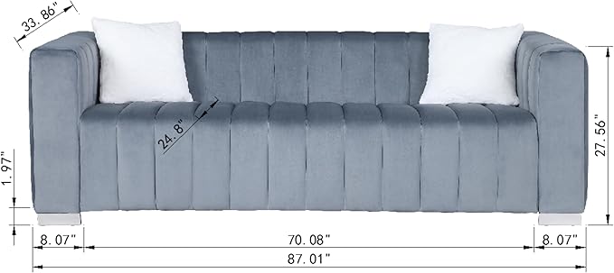 Familymill 87'' Modern Premium Velvet 3-Seater Sofa Couch with Metal Base Legs and 2 Pillows for Living Room/Bedroom